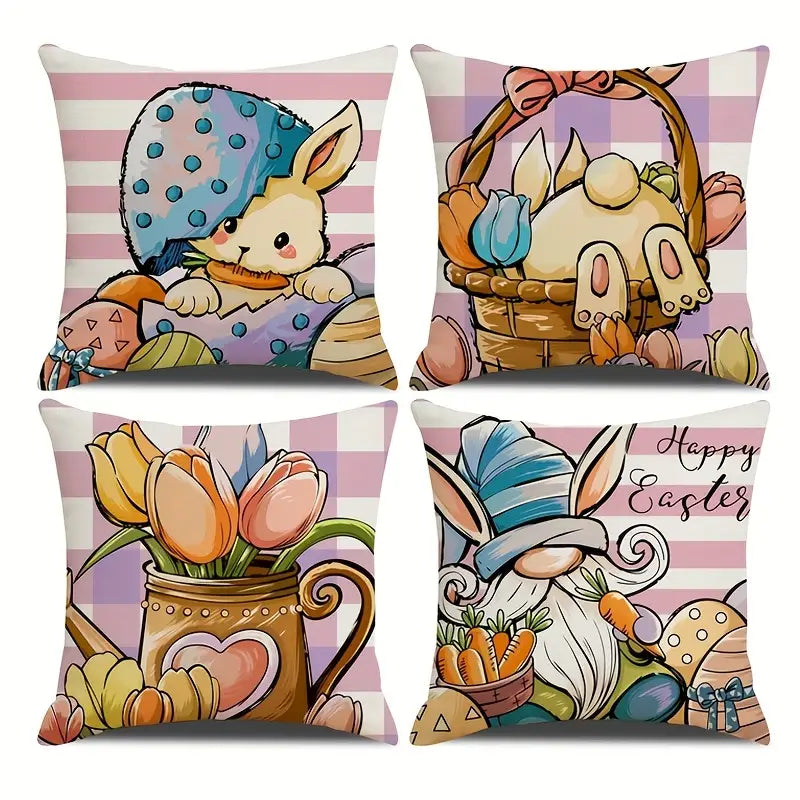 4pcs Fundas de Almohada de Lino Cifrado con Conejos de Pascua