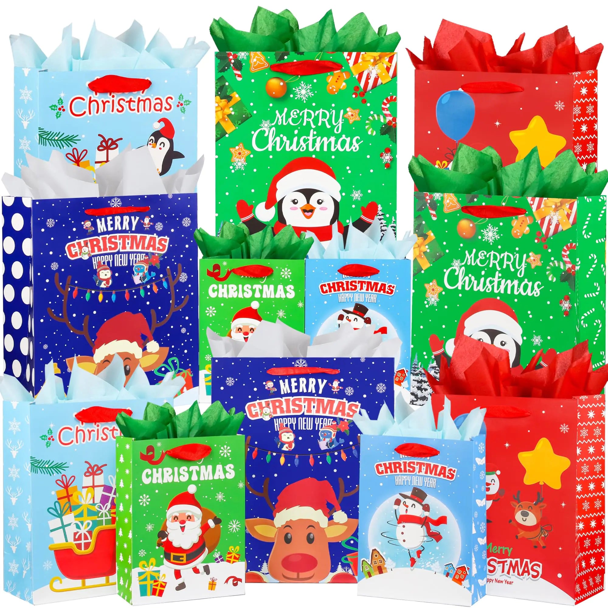 PINWATT 12Pack Bolsas de Regalo Navideñas de Tamaños Surtidos con Papel de Seda para Envoltura de Regalos de Navidad y Bolsas de Regalo para Fiestas en Paquete Grande