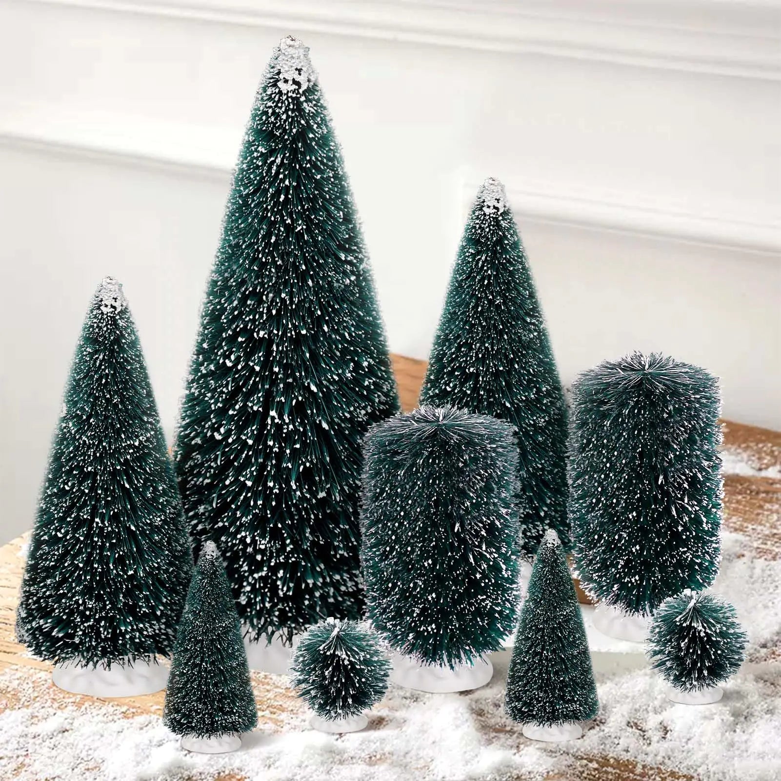 9Pcs Mini Árboles de Navidad Decoraciones Artificiales con 5 Tamaños, Árboles de Cepillo de Botella Decoraciones de Mesa Navideñas (Círculo Elipse Convencional)