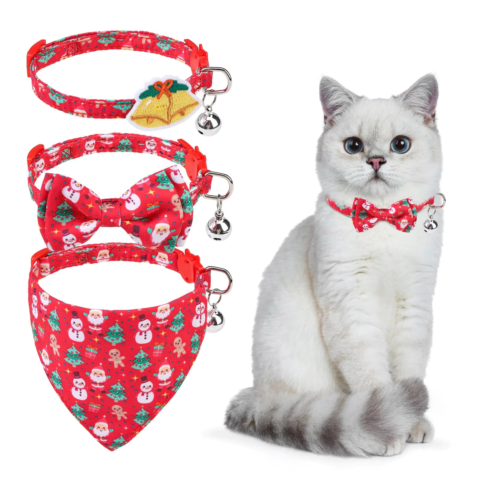 Collar para Gato KOOLTAIL con Cascabel para Navidad - Paquete de 3 Collares con Pajarita y Bandana con Hebilla de Seguridad Tamaño Ajustable para Gatos, Gatitos y Cachorros, Decoración con Cascabel