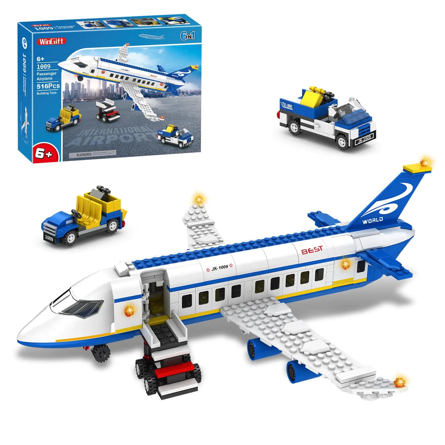 WINGIFT 491 Piece City Passenger Airplane Building Set 6 IN1 Airplane Bricks Toy-Airbus Creative Building Projects with Shuttle Bus Baggage Truck Top STEM Toy for Boy and Girl Ages 6 7 8+